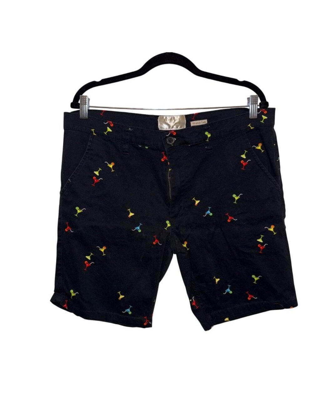 Raw Yarn Industries Black Stretch Twill Shorts With Colorful Martini Glass Patte